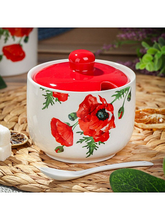 Сахарница 500 мл, доломит, с ложкой, Daniks, Алый мак