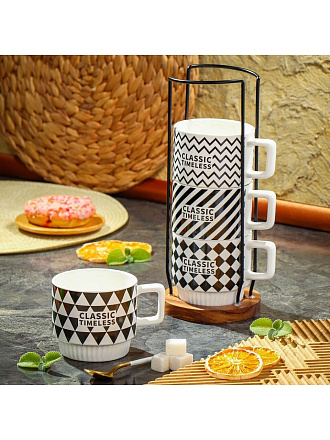 Кружка керамика, 4 шт, 300 мл, Геометрия, Y4-7275, черная, металлическая подставка