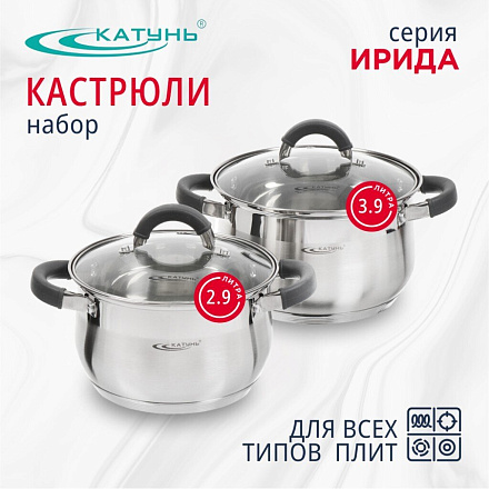 Набор посуды нержавеющая сталь, 4 предмета, кастрюли 2.9,3.9 л, индукция, Катунь, Ирида, КТ08-В