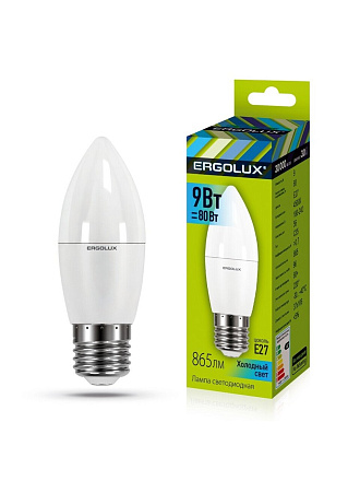 Лампа светодиодная E27, 9 Вт, 80 Вт, 220 В, свеча, 4500 К, холодный свет, Ergolux, 13171