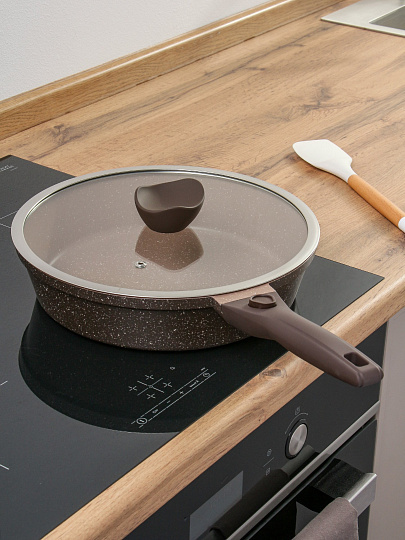 Сковорода литой алюминий, 28 см, антипригарное покрытие, Горница, Дуэт Шоколадный мусс, с крышкой, съемная ручка, индукция, Ис8284Дш