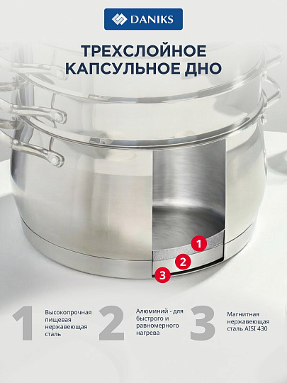Мантоварка нержавеющая сталь, 28 см, 9.8 л, 4 секции, Daniks, крышка стекло, индукция, металлические ручки, GS-01372-284ST