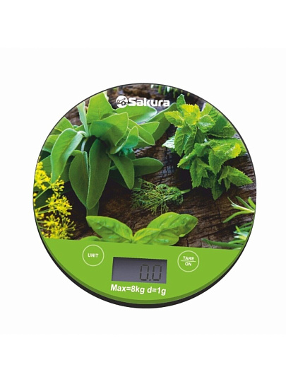 Весы кухонные электронные, стекло, Sakura, SA-6076G, точность 1 г, до 8 кг, зелень