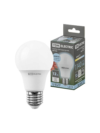 Лампа светодиодная E27, 12 Вт, 100 Вт, 230 В, груша, 4000 К, нейтральный белый свет, TDM Electric, А60