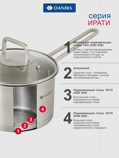 Ковш нержавеющая сталь, 1.9 л, крышка стекло, металлическая ручка, индукция, сталь 304, Daniks, Ирати, SD-01369-16S