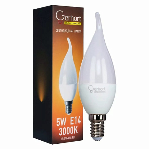 Лампа светодиодная E14, 5 Вт, свеча на ветру, 3000 К, свет теплый белый, Gerhort