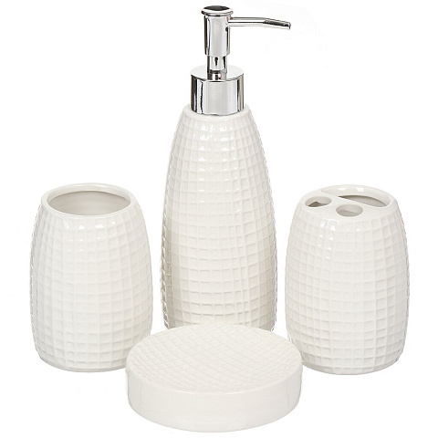 Набор для ванной 4 предмета, Саманта, белый, керамика, мыльница, дозатор для мыла, 2 стакана, PU091118