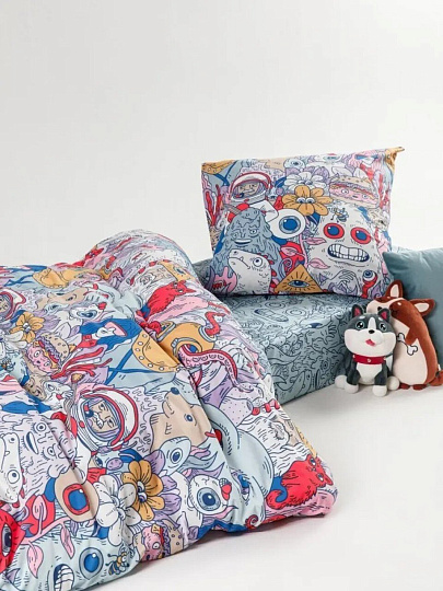 Постельное белье детское 1.5-спальное, простыня 150х215 см, 1 наволочка 70х70 см, пододеяльник 145х215 см, WMW, перкаль, Дудлики 70708-1+70709-1