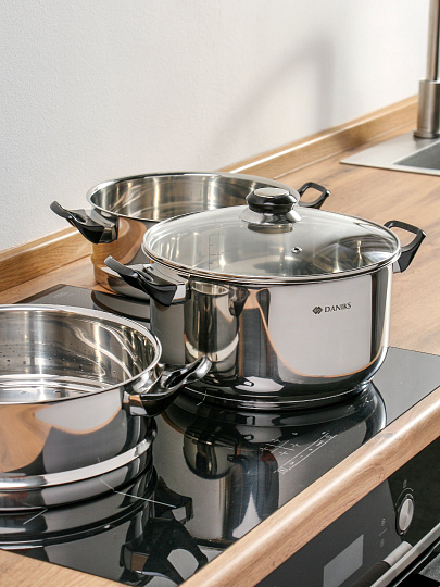 Мантоварка нержавеющая сталь, 5.8 л, 3 секции, Daniks, DNN, крышка стекло, индукция, бакелитовая ручка, S-A40D10A3