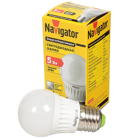 Лампа светодиодная E27, 5 Вт, 40 Вт, шар, 4000 К, свет холодный белый, Navigator
