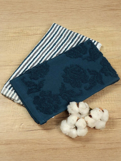 Набор полотенец кухонных 2 шт, 30х50 см, махровый, 100% хлопок, 420 г/м2, Barkas, Розы, темно-синий, Узбекистан