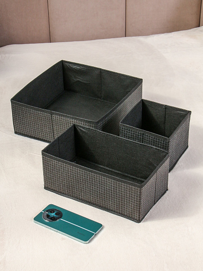 Кофр для хранения, складной, 3 шт, черная клетка, 29х29х12, 29х16х12, 15х14.5х13, A190051