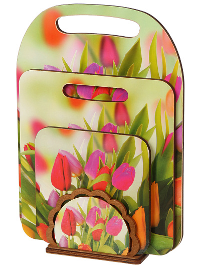 Набор кухонных принадлежностей 4 предмета, навеска, Тюльпаны, КМ-6, доска разд, доска мал, подставка под горячее, салфетница