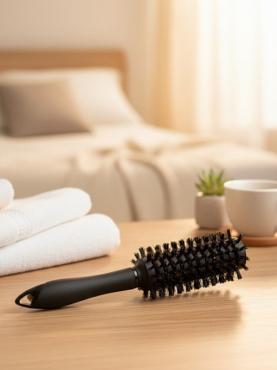 Расческа для волос брашинг, 5.7 см, натуральная щетина, черная, Studio style, 58822-7399