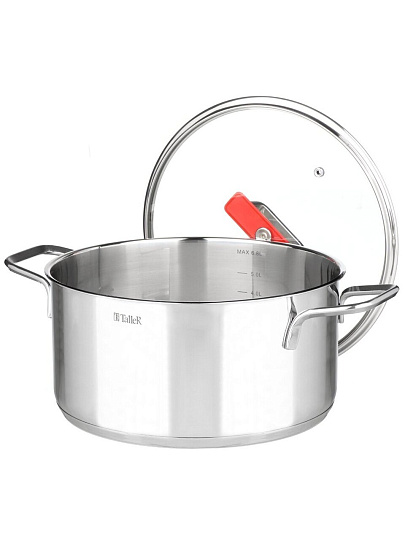 Кастрюля нержавеющая сталь, 6.8 л, крышка стекло, Taller, Тенденси, TR-17275, индукция