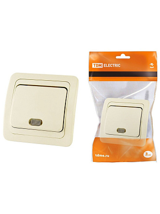 Выключатель скрытой установки, одноклавишный, без заземления, 10 А, подсветка, слоновая кость, TDM Electric, Валдай, SQ1804-0104