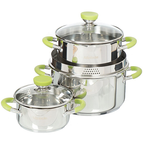 Набор посуды нержавеющая сталь, 6 предметов, кастрюли 1.5, 3, 5 л, индукция, Attribute, Lime, ASS306, зеленый