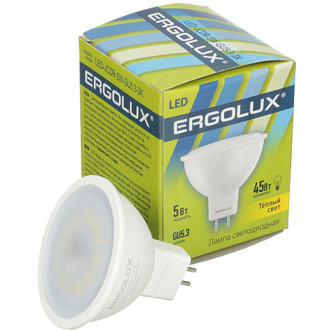 Лампа светодиодная GU5.3, 5 Вт, 45 Вт, 220 В, рефлектор, 3000 К, свет теплый белый, Ergolux
