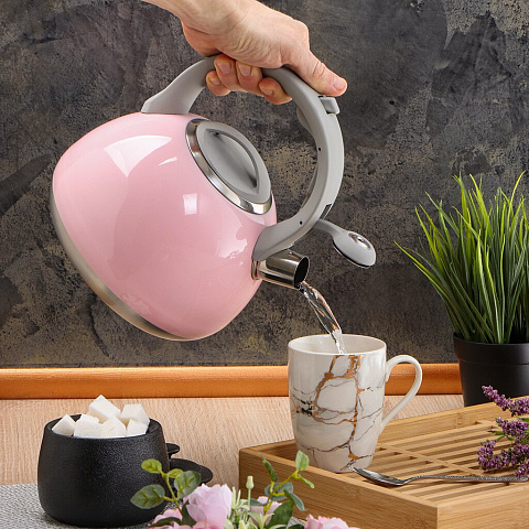 Чайник нержавеющая сталь, 2.7 л, со свистком, зеркальный, ручка бакелитовая, с силиконовым покрытием, Daniks, индукция, розовый, M-083P