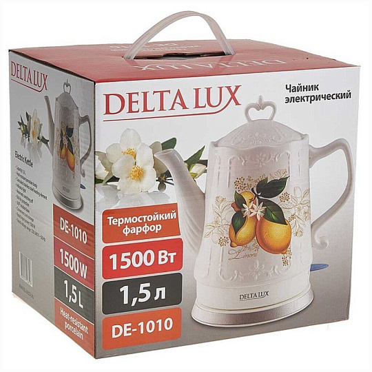 Чайник электрический Delta Lux, Лимоны DE-1010, 1.5 л, 1500 Вт, скрытый нагревательный элемент, фарфор