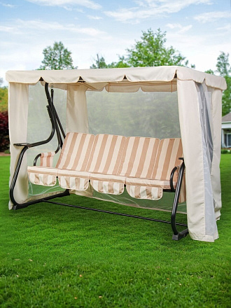 Качели садовые 4-местные, 230х130х177 см, 300 кг, Green Days, раскладываются в кровать, бежевые, полосы, YTSW278, металл