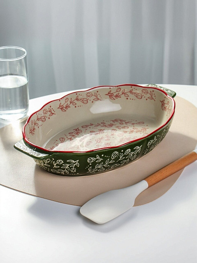 Форма для запекания керамика, 22х35х6 см, овальная, Зеленые веточки, Y4-9765