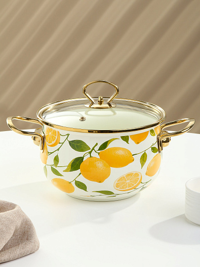 Кастрюля эмалированная сталь, 2.7 л, крышка стекло, Daniks, Лимоны, индукция