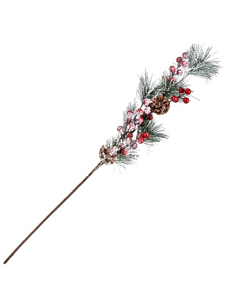 Ветка декоративная 70 см, еловая, заснеженная, с декором, Y4-8518