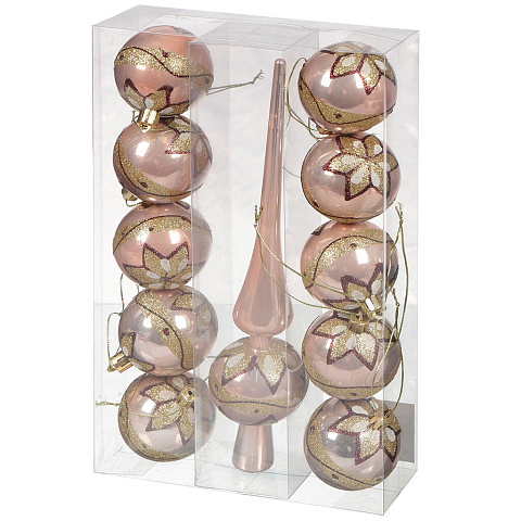 Набор елочных украшений 11 шт, розовое золото, 6 см, пластик, шары и верхушка, SY15CB-179