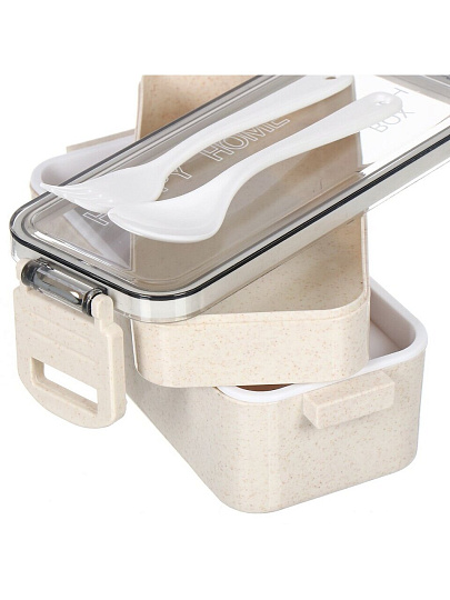 Контейнер пищевой пластик, 8х20х11 см, бежевый, прямоугольный, трехуровневый с приборами, Y4-6464-2