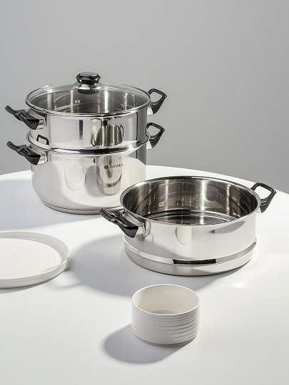 Мантоварка нержавеющая сталь, 5.8 л, 3 секции, Daniks, DNN, крышка стекло, индукция, бакелитовая ручка, S-A40D10A3