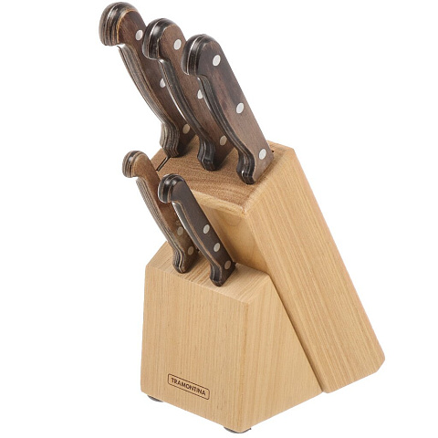 Набор ножей 6 предметов, нержавеющая сталь, рукоятка дерево, с подставкой, дерево, Tramontina, Poliwood, 21199/983-TR