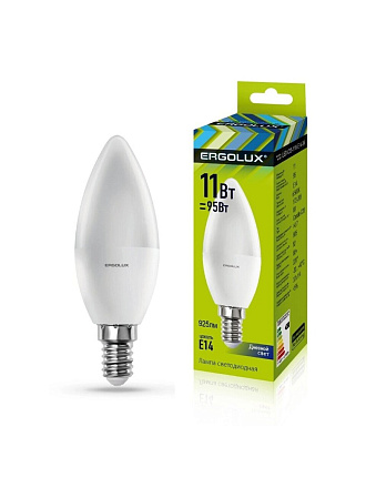 Лампа светодиодная E14, 11 Вт, 95 Вт, свеча, 6500 К, холодный белый свет, Ergolux, 1362