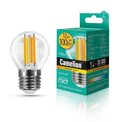 Лампа светодиодная 12Вт 220В 3000К Camelion LED12-G45-FL/830/E27