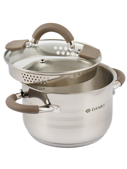 Кастрюля нержавеющая сталь, 2.1 л, крышка стекло, Daniks, Нара, GS-01413HY-16CA-2, серебристая, индукция