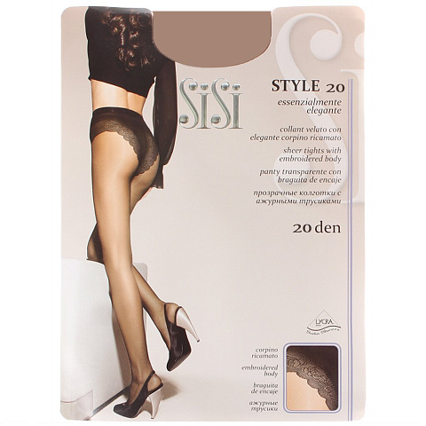 Колготки Sisi, Style, 20 DEN, р. 4, daino/загар, с ажурными трусиками и прозрачным мыском