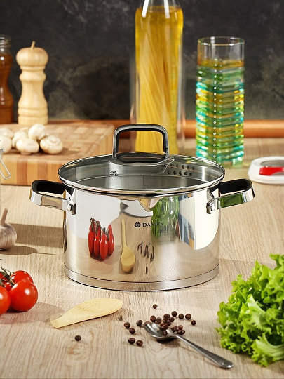 Кастрюля нержавеющая сталь, 4.75 л, крышка стекло, Daniks, Манхэттен, M-461-22, индукция