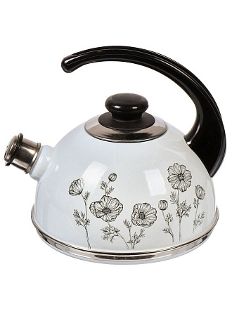 Чайник сталь, эмалированное покрытие, 2.5 л, со свистком, ручка консольная, Рубин, Космея, черно-белый, T04/25/03/41