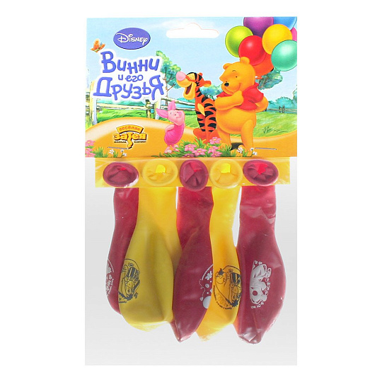 Набор шаров Веселая Затея, Винни и его друзья, 30 см, 5 шт, 5 дизайнов, красный, желтый