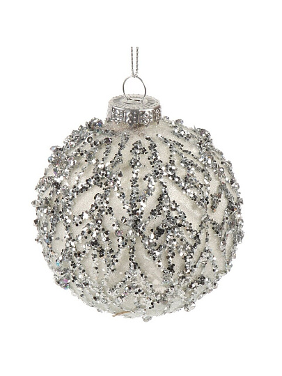 Елочный шар Серебряный лист, белый, 8 см, стекло, XF24-SC021