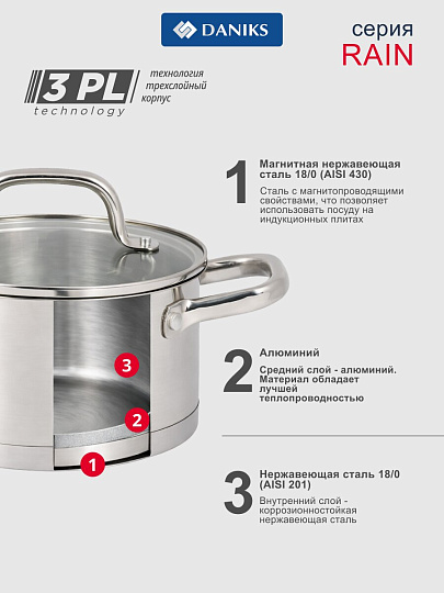 Кастрюля нержавеющая сталь, 2.1 л, крышка стекло, Daniks, Рейн, индукция