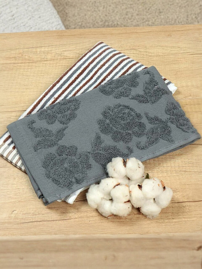 Набор полотенец кухонных 2 шт, 30х50 см, махровый, 100% хлопок, 420 г/м2, Barkas, Розы, темно-серый, Узбекистан