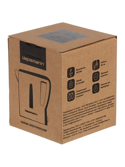 Чайник электрический Vepsmann, VN-160, белый, 0.5 л, 500 Вт, открытый нагревательный элемент, пластик