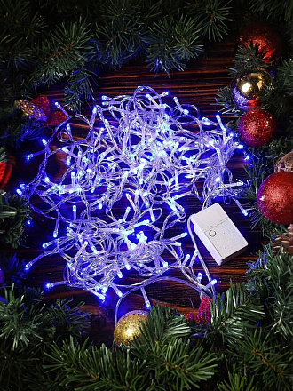 Гирлянда 200 ламп, 10 м, 8 режимов, свет синий, прозрачная, в помещении, сетевая, LED