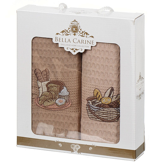 Набор полотенец кухонных 2 шт, 40х60 см, вафельный, Bella Carine, Мельница, бежевый, коричневый, Турция, FTS-P2-1