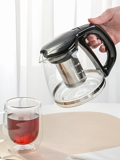 Чайник заварочный стекло, пластик, 1.2 л, с ситечком, 329889, черный