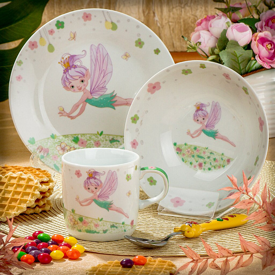 Набор посуды керамика, 3 шт, Феечка, тарелка 17.5см, салатник 15см/350мл, кружка 230мл, Daniks, C644