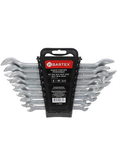 Набор ключей рожковый, М80, 8 предметов, Bartex, 6-22 мм, матовый, CrV сталь, М60, держатель