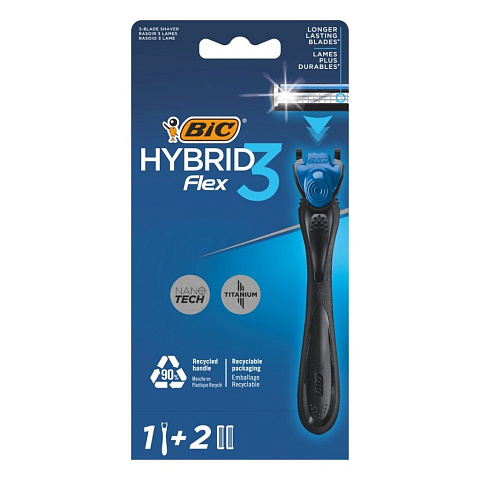 Станок для бритья Bic, Flex3 Hybrid, для мужчин, 3 лезвия, 2 сменные кассеты, 921449