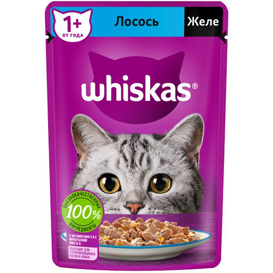 Корм для животных Whiskas, 75 г, для взрослых кошек 1+, кусочки в желе, лосось, пауч, G8461